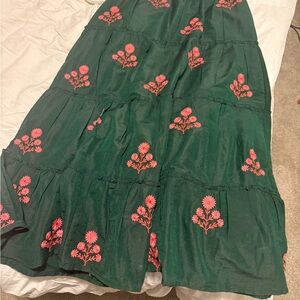 Madison Green Maxi Skirt with Pink Floral Design